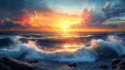 Fototapeta premium Waves crash against the shore as the sun sets, painting the sky with vibrant oranges and reds.