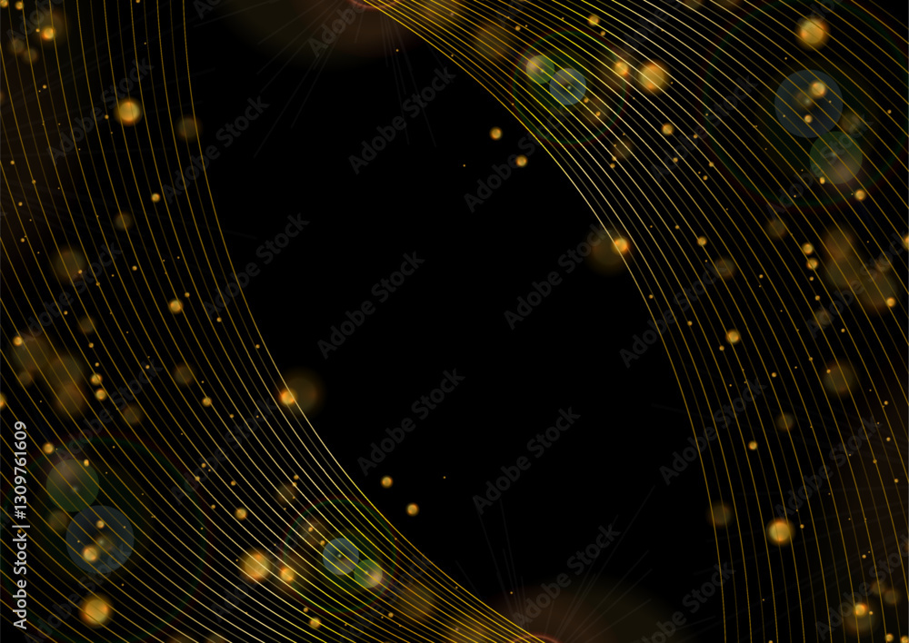 Poster abstract luxury golden background with wavy lines and bokeh lights. vector design