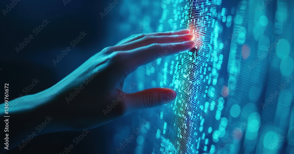 Poster Hand touching futuristic digital screen displaying data stream