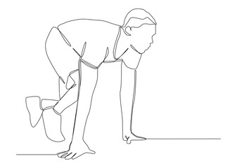 Continuous line drawing of running start, athlete.