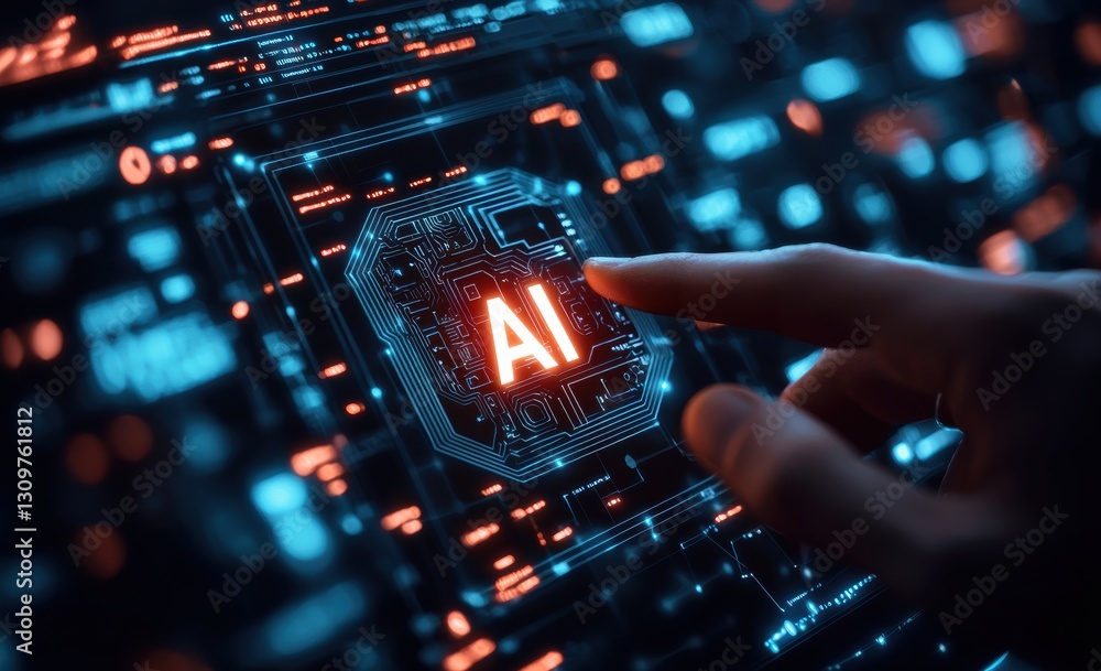 Poster Engineer launching artificial intelligence on futuristic touchscreen interface