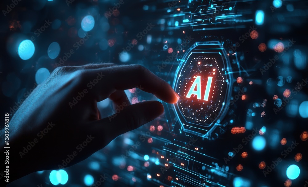 Leinwandbilder hand touching glowing ai icon on digital screen with data and technology elements