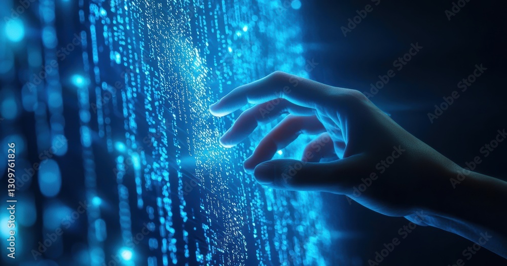 Aufkleber Hand interacting with futuristic digital data stream: exploring the potential of artificial intelligence