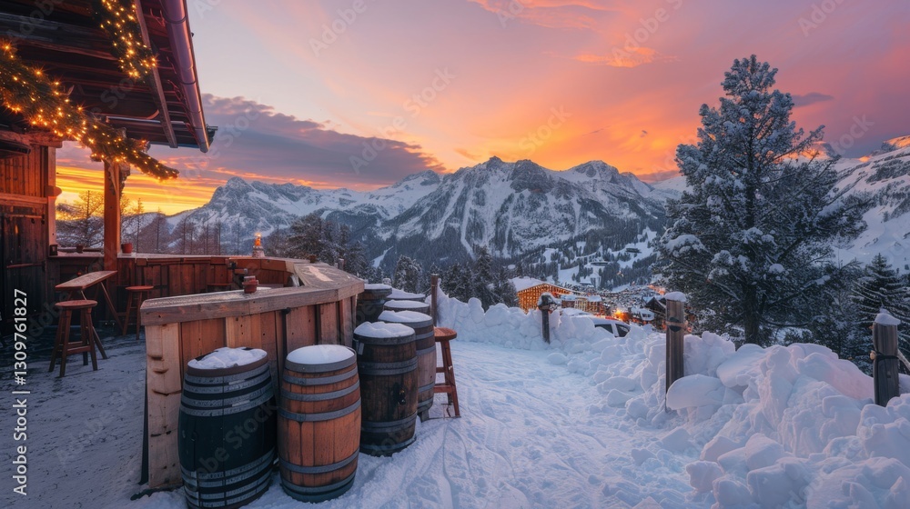 Poster snow blankets the ground while a warm glow from a rustic bar illuminates the terrace as vibrant colo