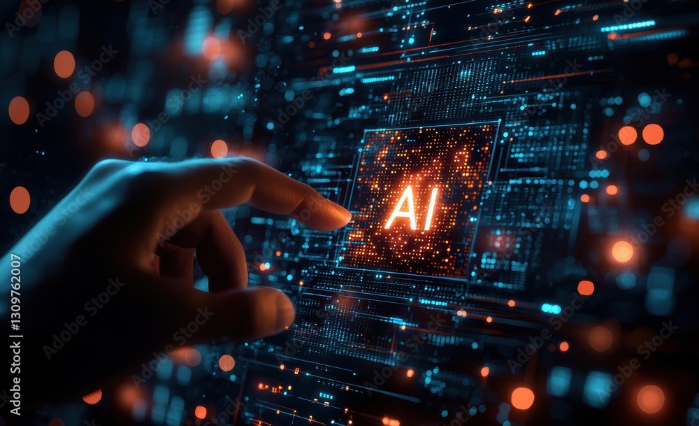 Leinwandbilder hand touching glowing ai icon on digital screen with data and technology elements