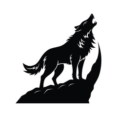 silhouette of a roaring wolf on a rocky cliff