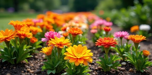 Fototapeta premium Rows of colorful flowers neatly planted in a well-maintained garden bed, petals, design, organized