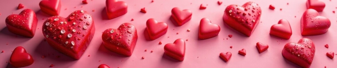 Scattered red heart chocolates forming a lovely Valentine's Day scene from above , background, overhead shot, heart shaped
