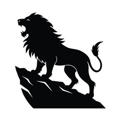 silhouette of a roaring lion on a rocky cliff