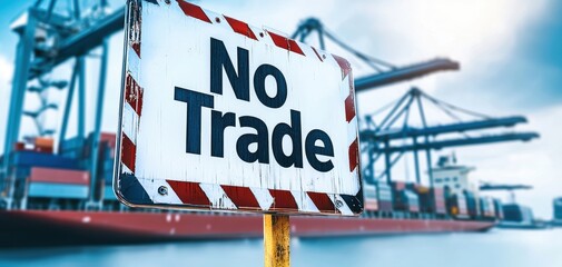 A sign reading "No Trade" is prominently displayed at a shipping dock, with cranes and cargo containers visible in the background.