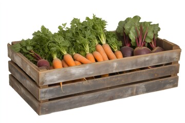 Freshly harvested carrots and beets are nestled together in a rustic wooden crate, ready for market or storage
