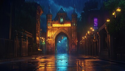 A street with an ancient archway at the end, a night scene on a rainy day. City lights illuminate