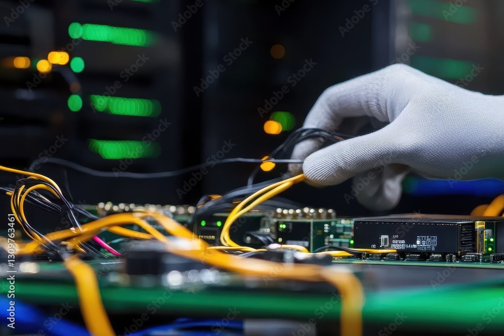 Aufkleber a technician in a glove connects wires on a circuit board within a server, showcasing intricate tech