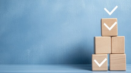 Wooden cubes are arranged in a pyramid on a light wood surface, featuring a checkmark on a calming blue backdrop, ideal for branding