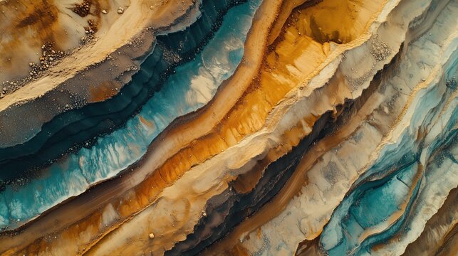 Aerial view of a massive open-pit rare earth mine, terraced layers in vibrant mineral colors of rust orange and turquoise