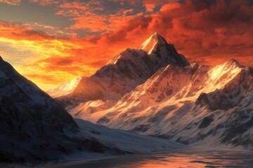 Fototapeta premium Smartphone capturing a breathtaking mountain landscape with vibrant orange and red sunset hues illuminating the snow covered peaks