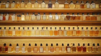 Wooden shelves filled with small liquor bottles