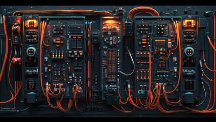 Obraz premium An intricate electrical panel displays a maze of wiring and control systems, illuminated by various indicators in a utility room setting