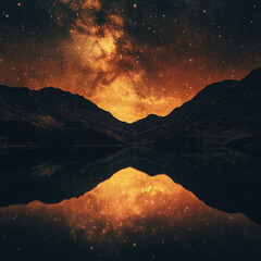 A breathtaking night sky with brilliant stars reflecting over a serene mountain lake, creating a captivating symmetrical composition of celestial and earthly beauty.