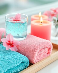 Relaxing spa setup with towels and candles.