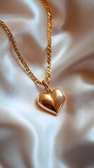 48. A close-up of a gold chain necklace with a small heart-shaped pendant, resting on a white silk cloth