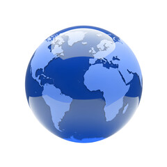 Obraz premium High-resolution 3D render of a blue glass globe with a glossy, reflective surface, isolated on a transparent background, representing Earth, global connectivity, and modern design