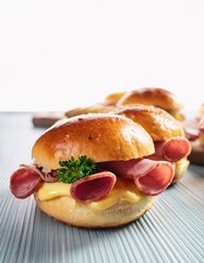 Delicious american slider snacks with cold cuts filling resting on table