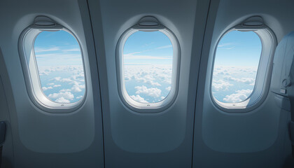 Three windows airplane looking out vast expanse sky The interior high quality, 4k, super realistic