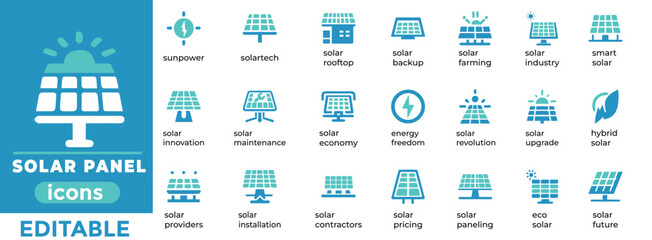 Editable solar panel vector set featuring eco-friendly, renewable energy, and sustainability icons for digital and print