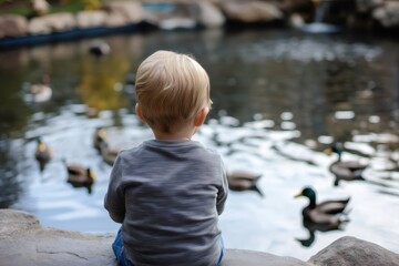 Blond toddler sitting on a rock, watching ducks swim gracefully in a tranquil pond, immersed in the beauty of nature at the park