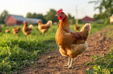 Fototapeta premium Hens wander freely across a vibrant farm, surrounded by lush grass and charming red barns under a warm evening glow