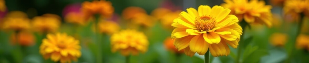 Vibrant yellow terry zinnias bloom in a garden bed , zinnia, closeup, flower