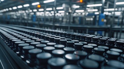 Fototapeta premium Automated production line transporting many bottles along a conveyor belt