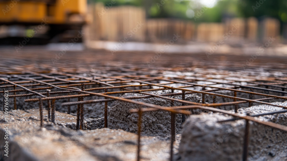 Poster reinforcement bars are placed over wet concrete, preparing for additional layers during construction