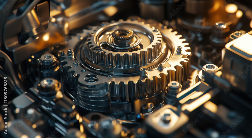 Poster close-up of an electric motor gearbox, highlighting precision gears and mechanical design in a facto