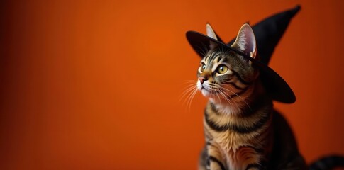 Adorable tabby cat in witch hat, dark orange backdrop, orange, holiday