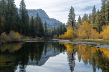 Tranquil river reflecting the vibrant colors of autumn foliage and the majestic granite cliffs