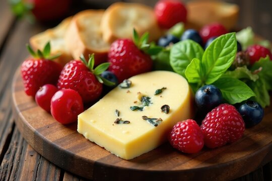Artisan cheeses, sliced baguette, juicy berries & crisp salad on a wooden board , wooden board, summer
