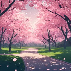 A peaceful park at sunset, cherry blossom trees in full bloom, their pink petals gently falling in the breeze, golden light filtering through the branches, casting long shadows on the green grass.