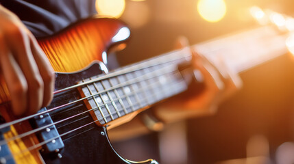 Obraz premium Strings of passion: A close-up shot captures the skilled hands of a musician expertly playing an electric bass guitar, immersed in the dynamic energy of a live performance.