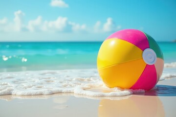 Obraz premium Vibrant beach ball bobs gently on turquoise waves , seaside, surf, tropical