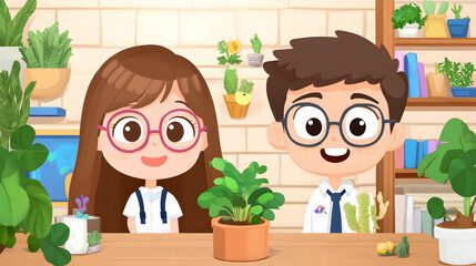 Happy children with potted plant.