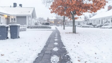 Snow-covered pathway, winter houses, quiet street