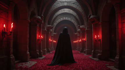 mysterious figure in dark cloak stands in dimly lit corridor adorned with red roses and flickering candles, evoking haunting atmosphere