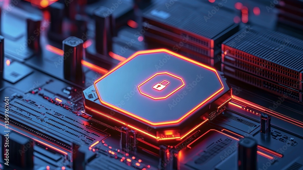 Poster a close-up of a futuristic microprocessor with a glowing orange design, set against a dark, intricat
