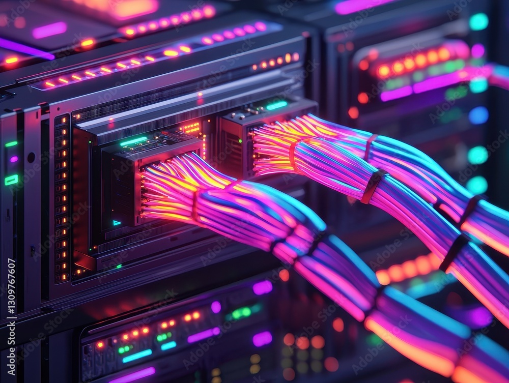 Aufkleber a vibrant close-up of interconnected cables and server components, showcasing a high-tech data cente