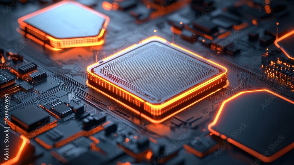 Aufkleber a close-up view of a futuristic circuit board featuring glowing chip components, highlighting advanc