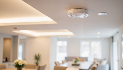 Smart smoke detector mounted on ceiling in modern home. technology, smart home, science, research, scientific discoveries