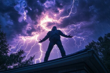 Fototapeta premium Person stands on a roof with arms outstretched as rain pours and lightning strikes during a dramatic thunderstorm at night