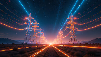 Electrical power transmission towers starry night sky radiating light beams futuristic energy grid, vibrant blue and orange colors